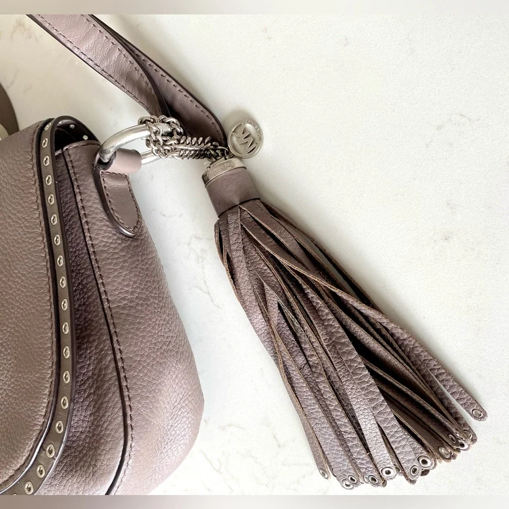 Michael Kors Brooklyn Leather Medium Crossbody Saddle Bag with Studs and…